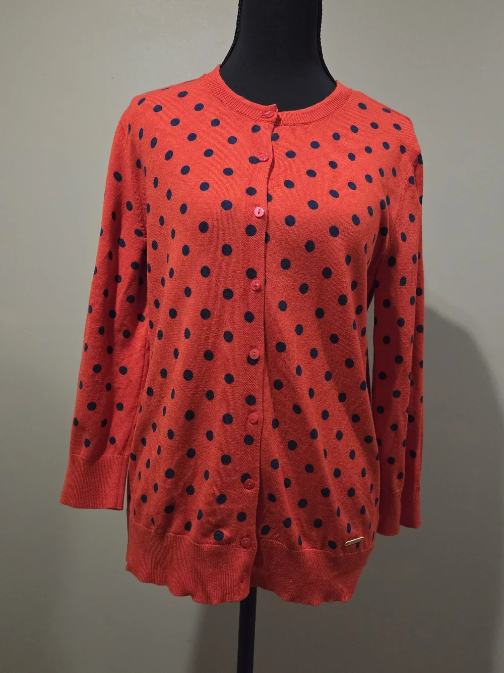 Ellen Tracy Red Sweater with Navy Polka Dots - Picture 3 of 8